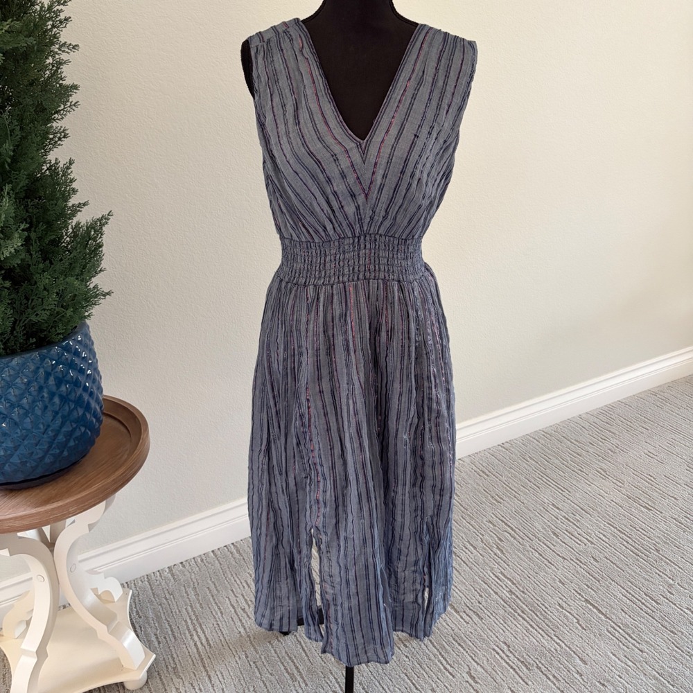 INC Midi Shimmer Dress‎ Womens Blue Purple Striped Smocked Waist Metallic Slit - Picture 6 of 11